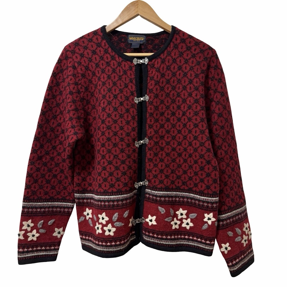 VTG Woolrich Womens Fair Isle‎ Wool 90s Cardigan Size M Red Nordic Cabincore